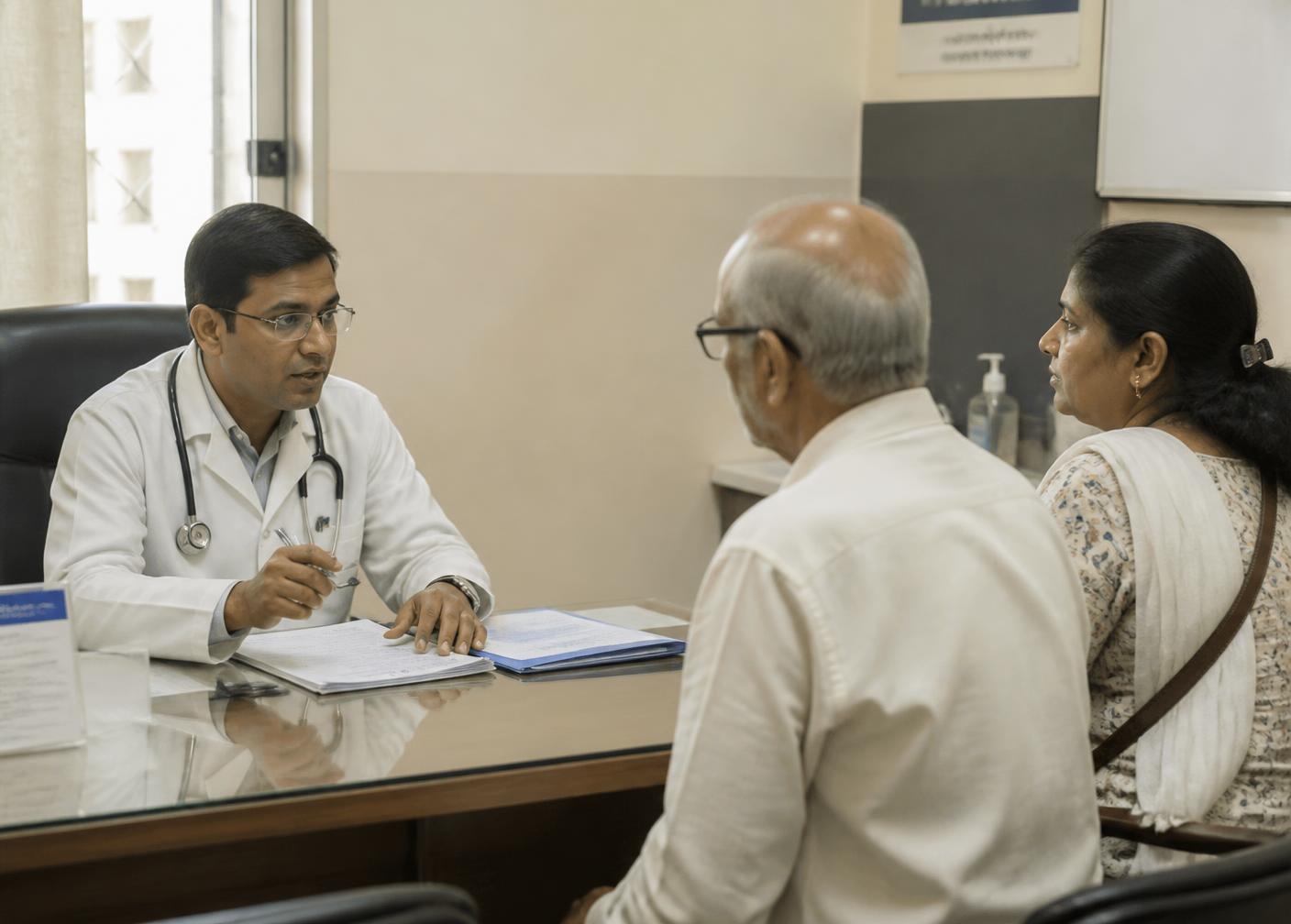 A doctor explaining a report to a patient and a family member in a consultation room