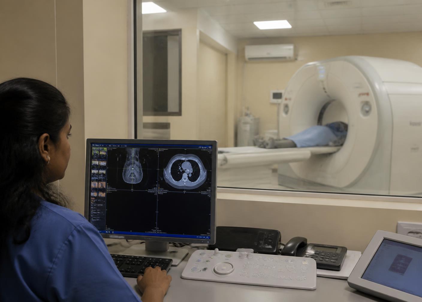CT scan room seen from the technician's control console